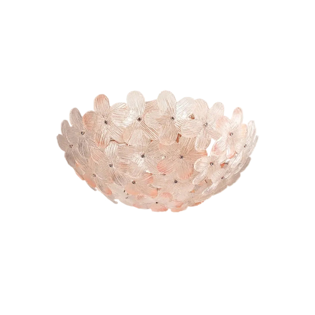 Modern Pink Crystal Floral Art Glass Flush Mount Ceiling Light with Brass Hardware on Pure White Background