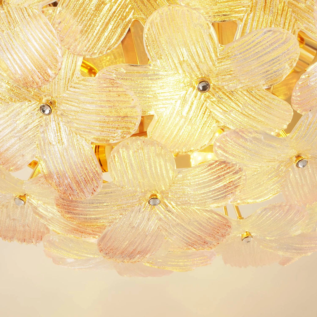 Illuminated Modern Pink Crystal Floral Art Glass Flush Mount Ceiling Light Studio Shot