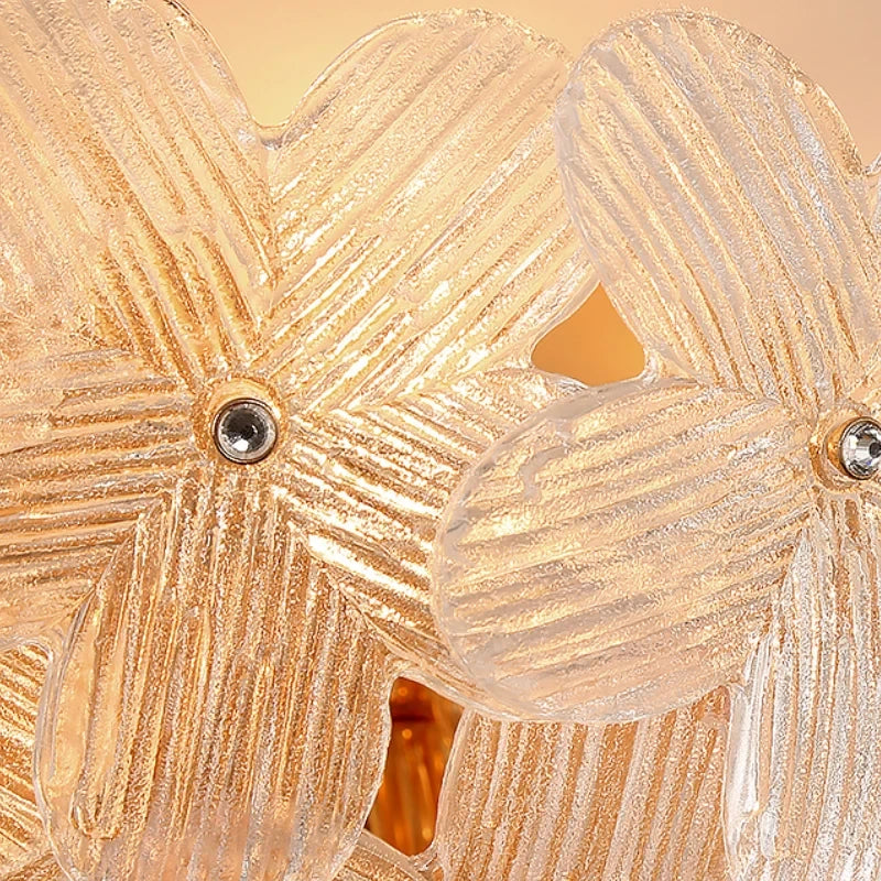 Detail View of Pink Crystal Floral Art Glass Shades and Internal Bulbs
