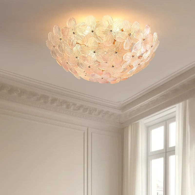 Modern Pink Floral Art Glass Ceiling Light in Elegant Interior