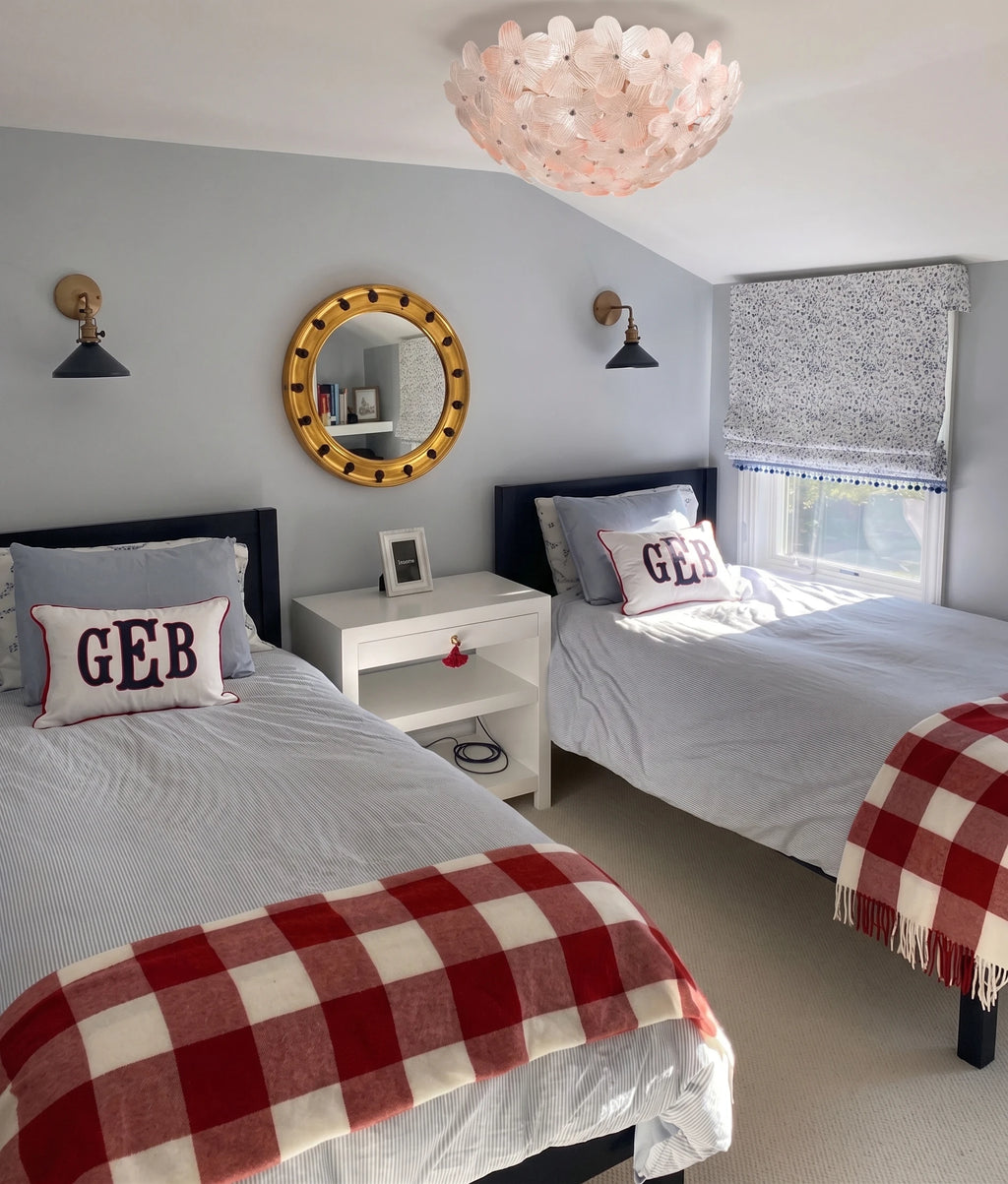 Modern Pink Floral Art Glass Ceiling Light in Twin Bedroom Setting