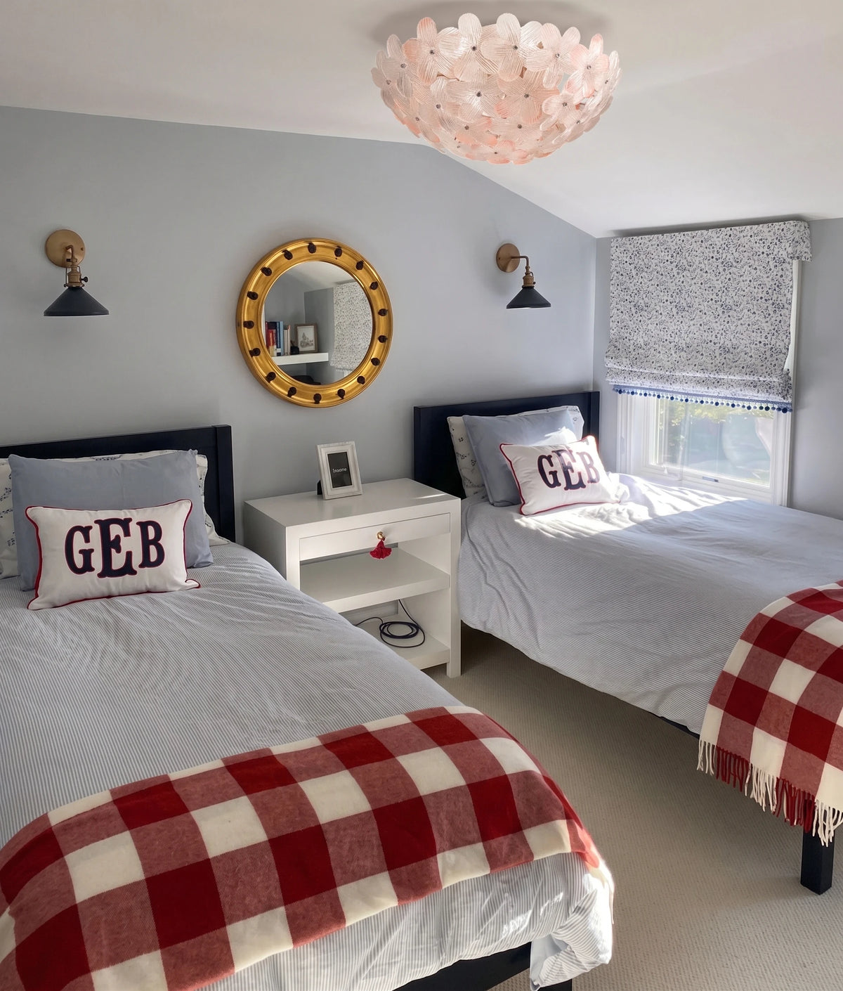 Modern Pink Floral Art Glass Ceiling Light in Twin Bedroom Setting