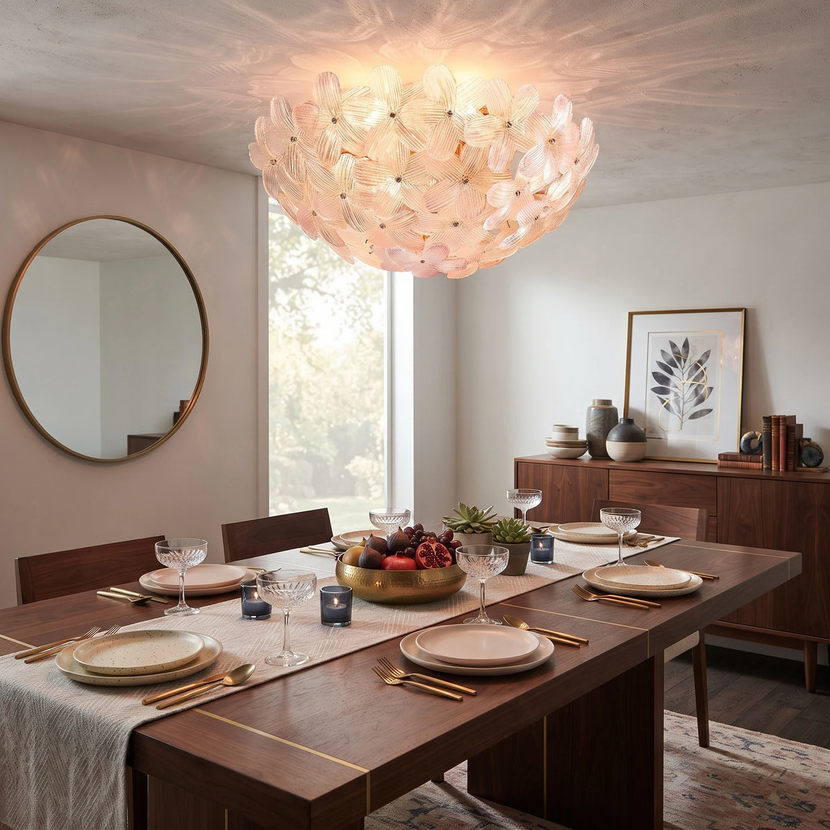Modern Pink Crystal Floral Ceiling Light Over Dining Room Table