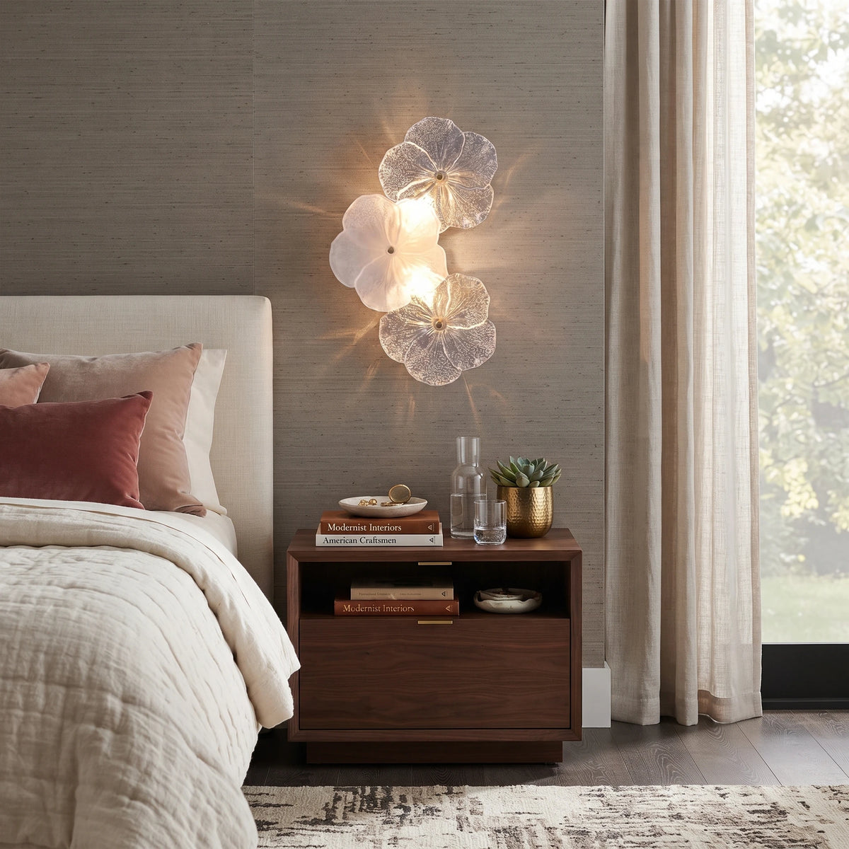 Modern Floral Art Glass Wall Sconce in Master Bedroom Setting