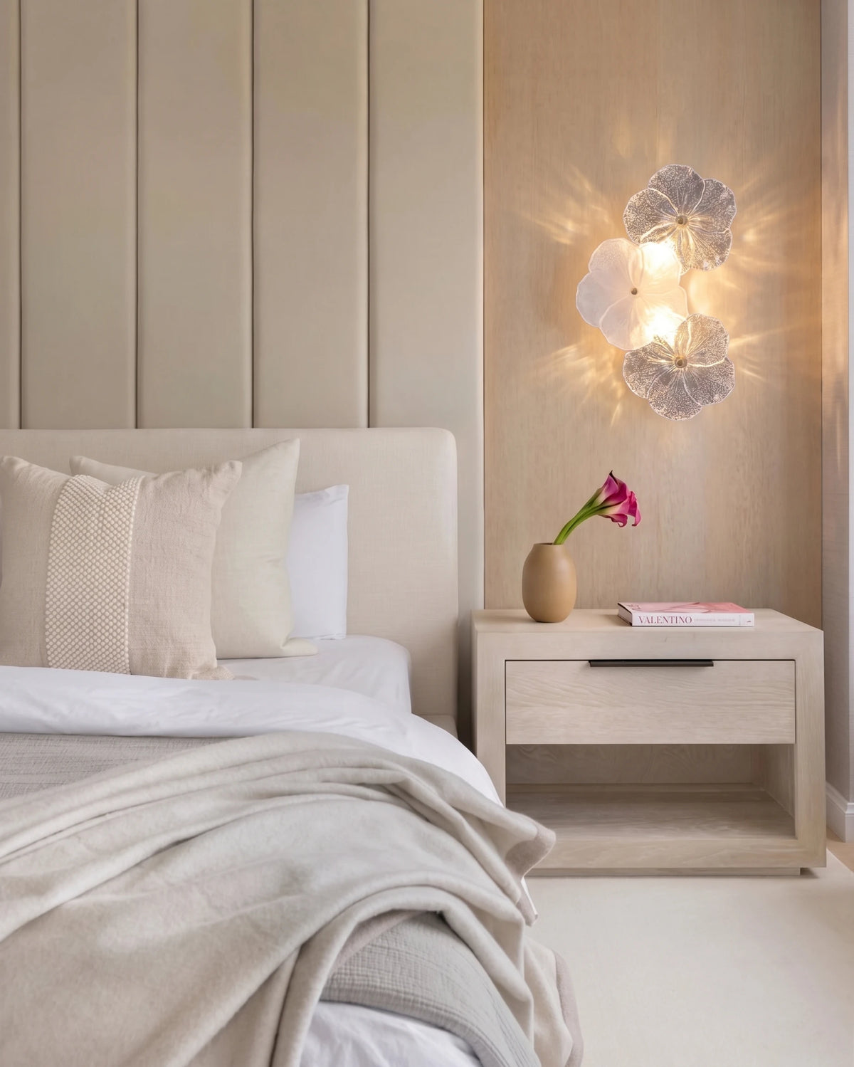 Modern Floral Art Glass Wall Sconce in Bedroom Interior