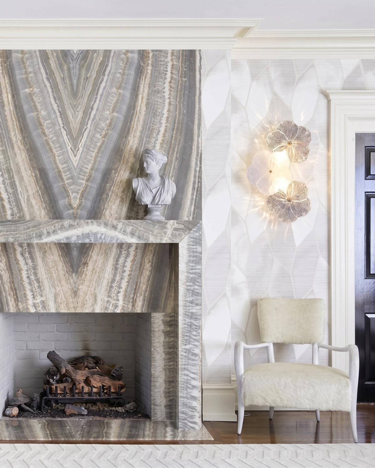 Modern Art Glass Wall Sconce Over Fireplace Setting