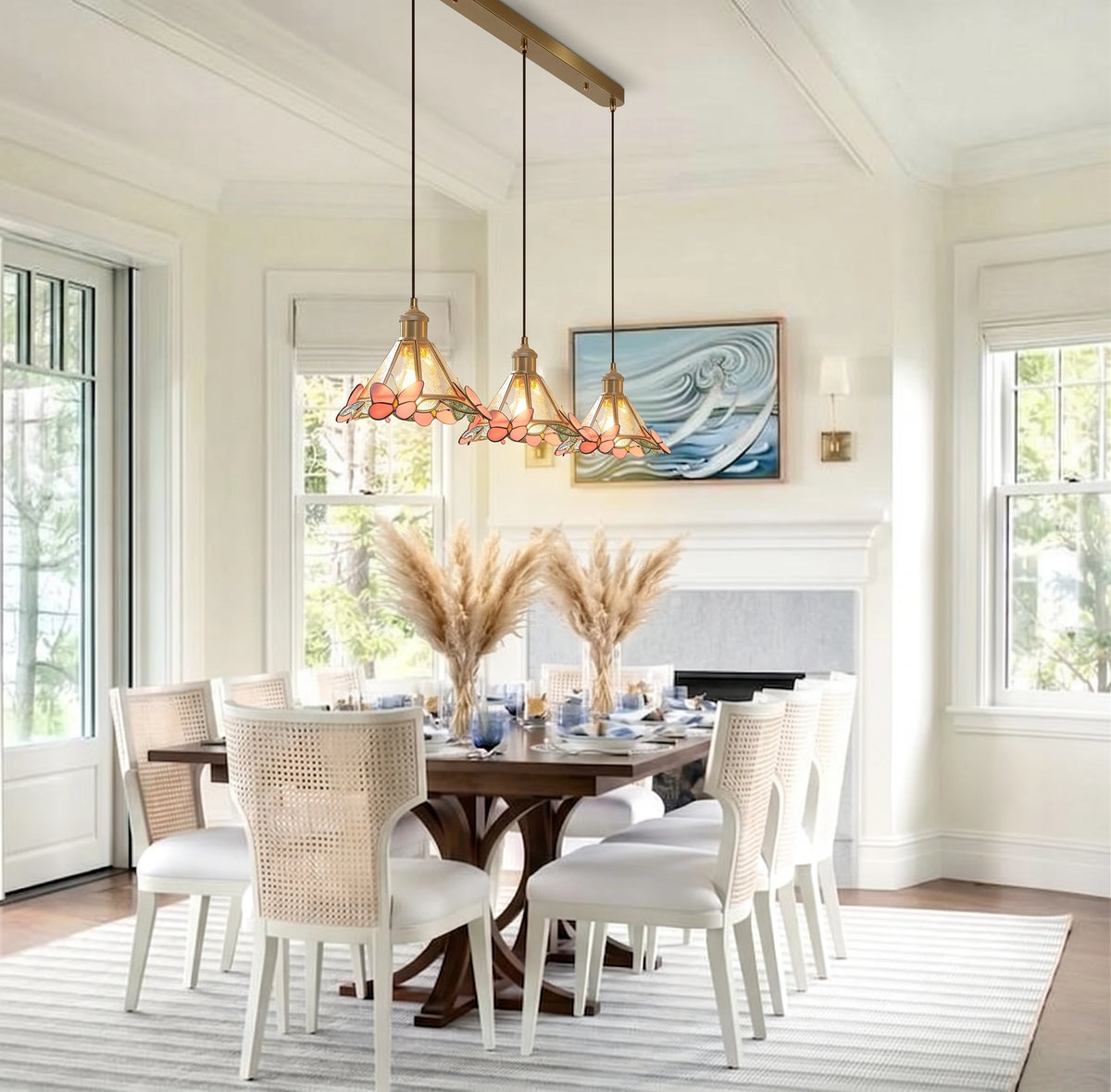 Modern Stained Glass Linear Pendant Over Dining Room Table