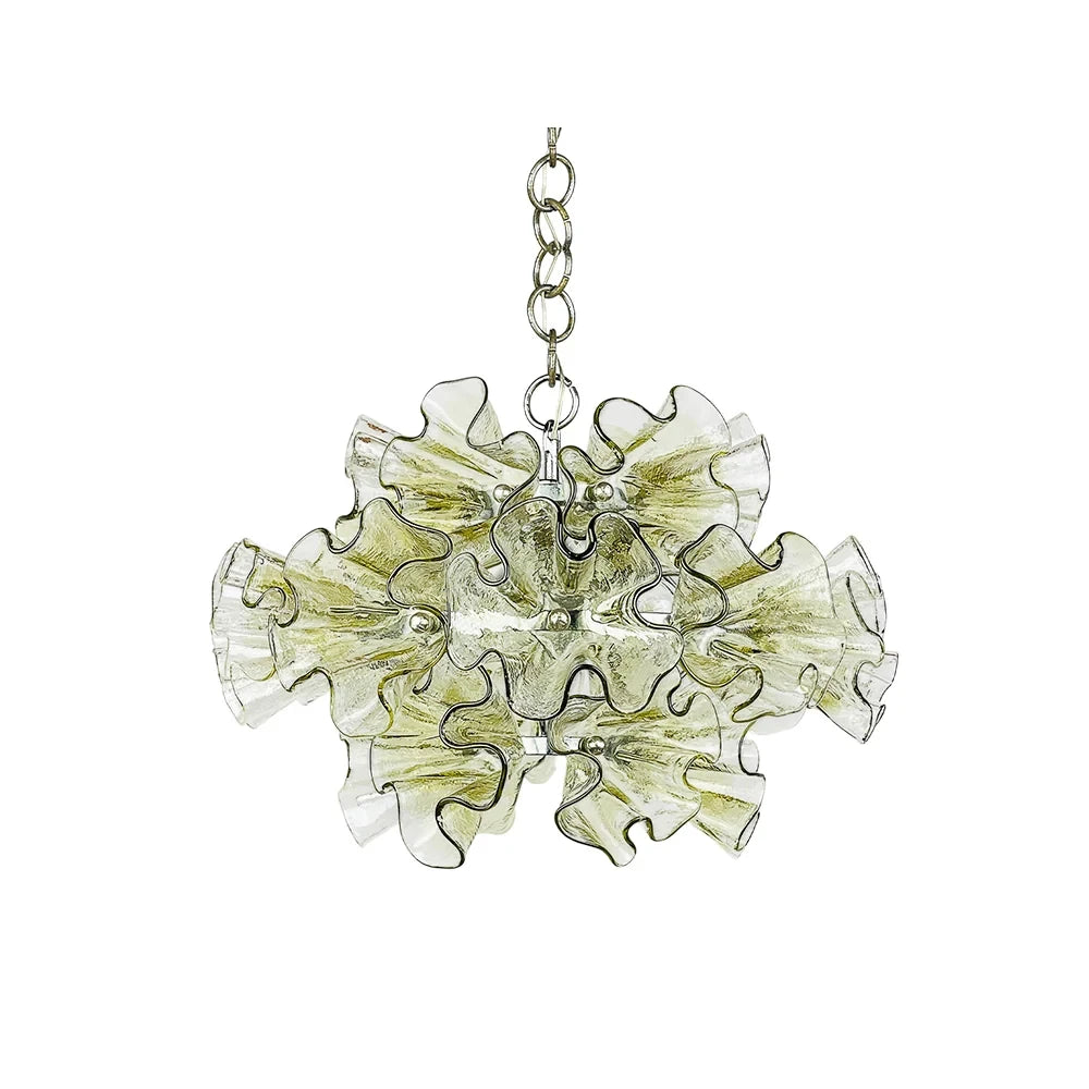 Modern Green Ruffled Art Glass Chandelier with Silver Chain on Pure White Background
