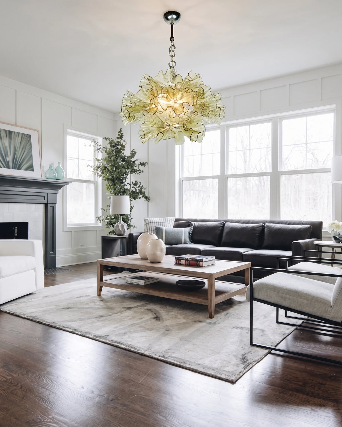 Modern Ruffled Glass Chandelier in Living Room Setting