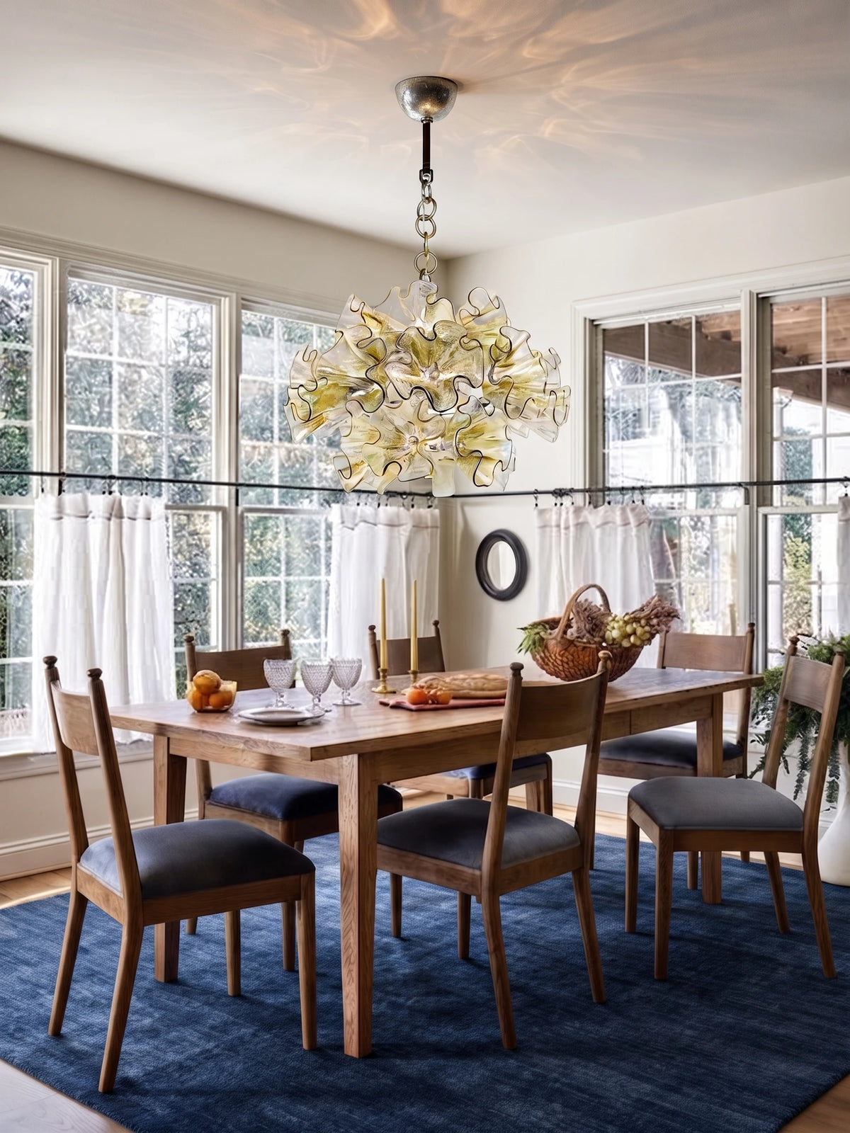 Modern Green Ruffled Glass Chandelier Over Dining Room Table
