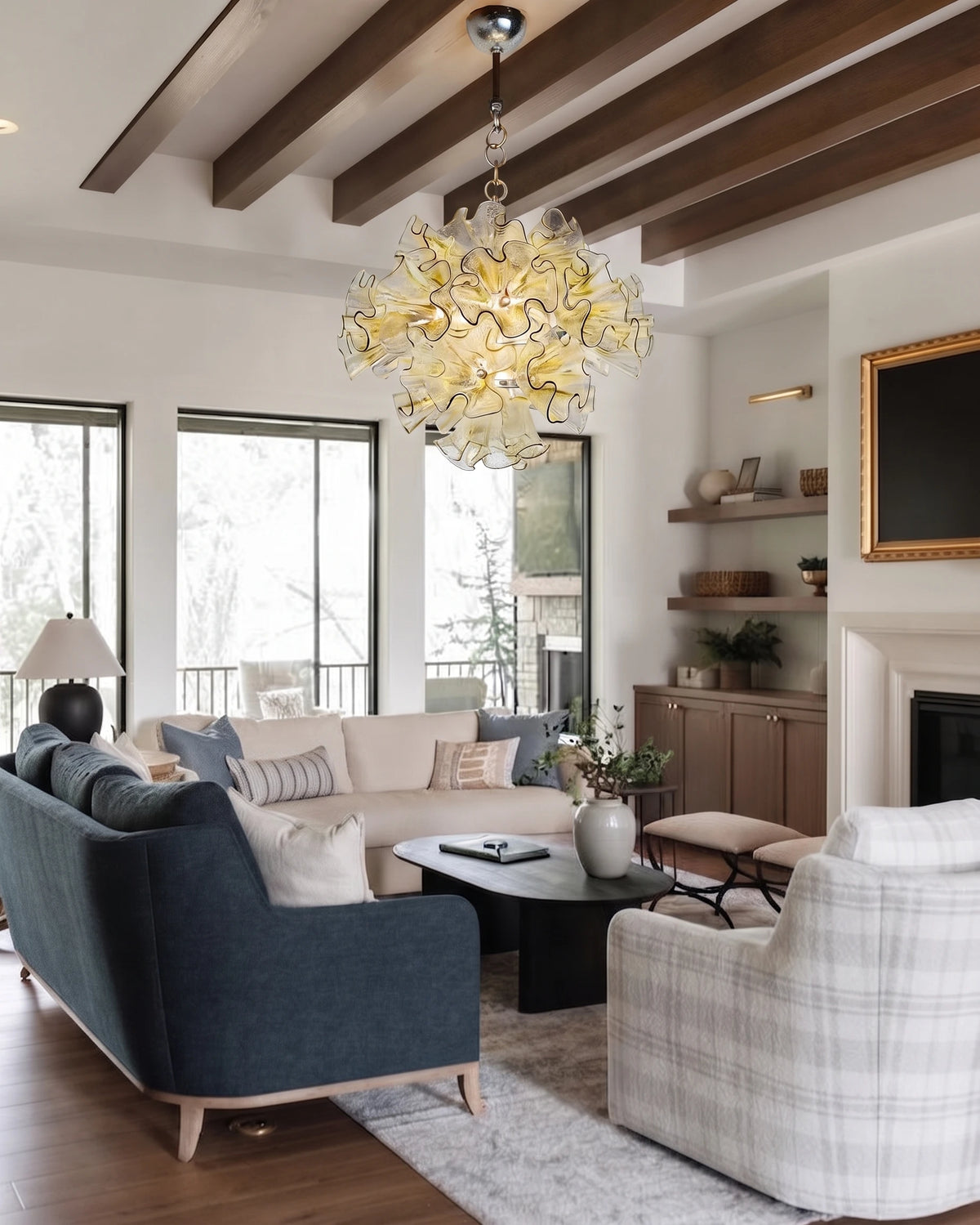 Modern Ruffled Art Glass Chandelier in Vaulted Ceiling Living Room