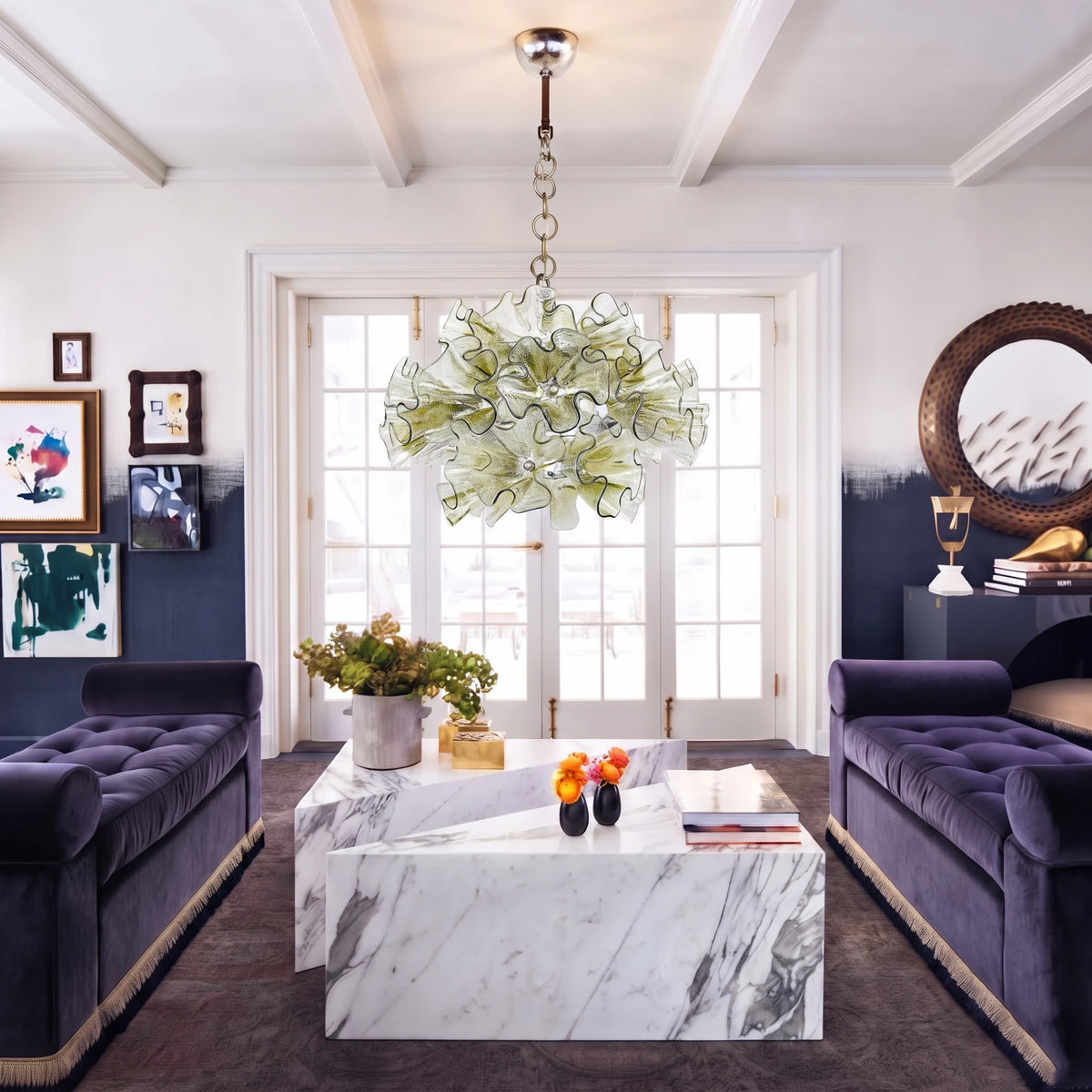 Modern Green Ruffled Glass Chandelier in Contemporary Living Room