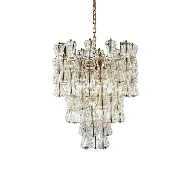 Modern Cascading Teardrop Art Glass Chandelier with Brass Chain on Pure White Background