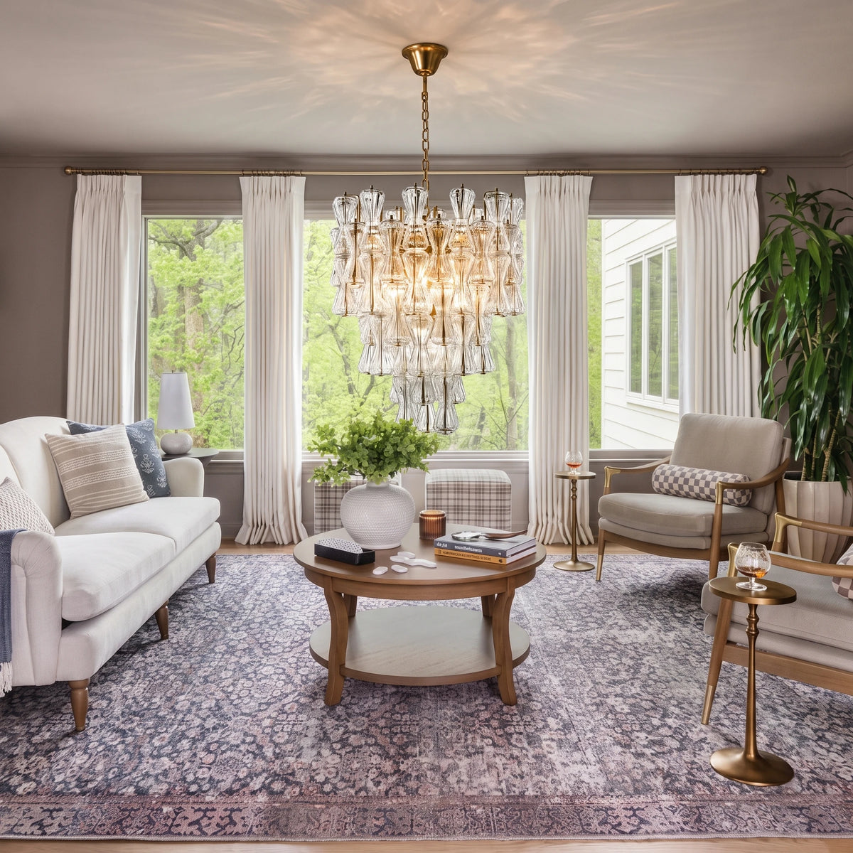 Modern Cascading Teardrop Art Glass Chandelier in Bright Living Room