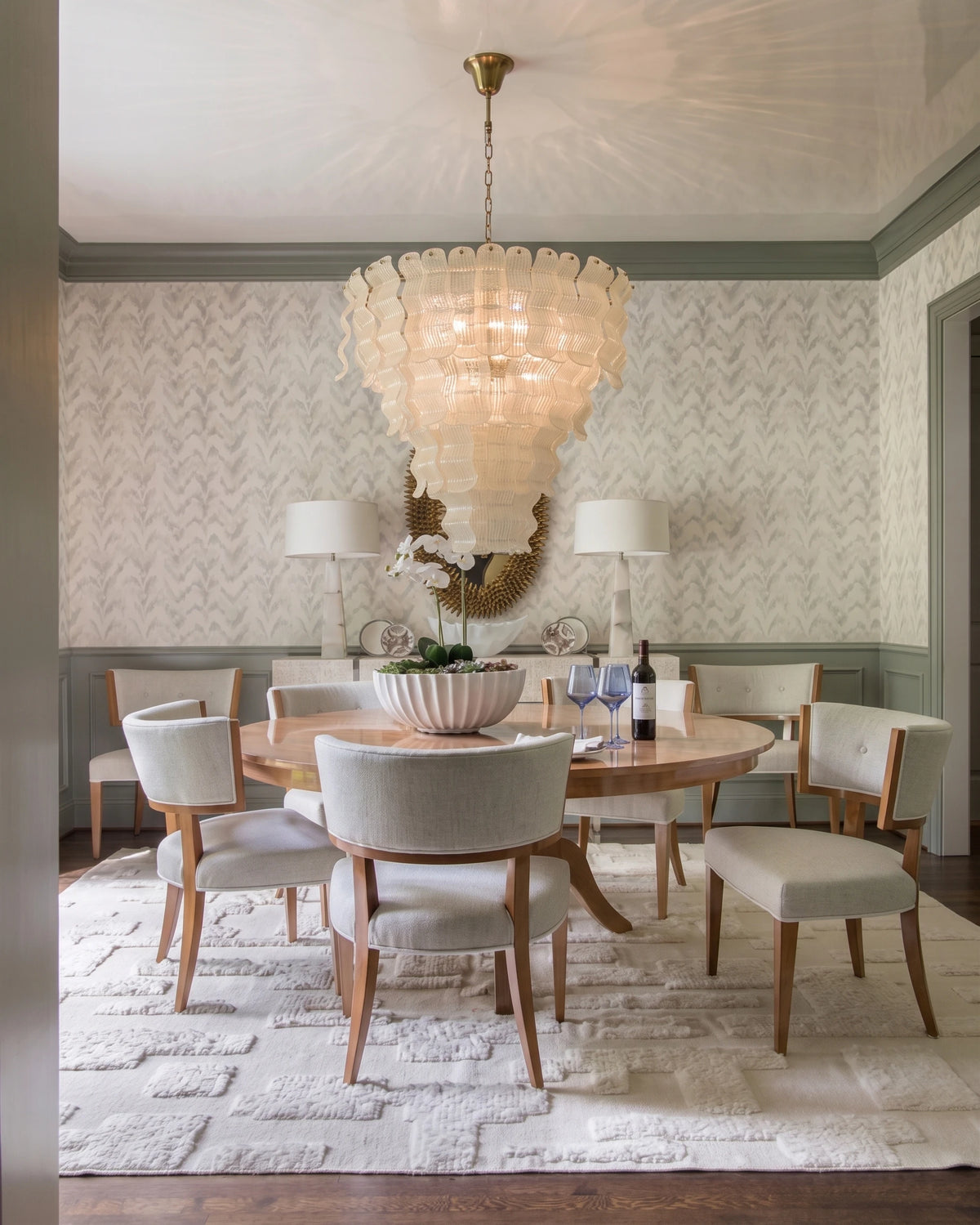 Modern Beige Wavy Art Glass Chandelier Over Round Dining Table
