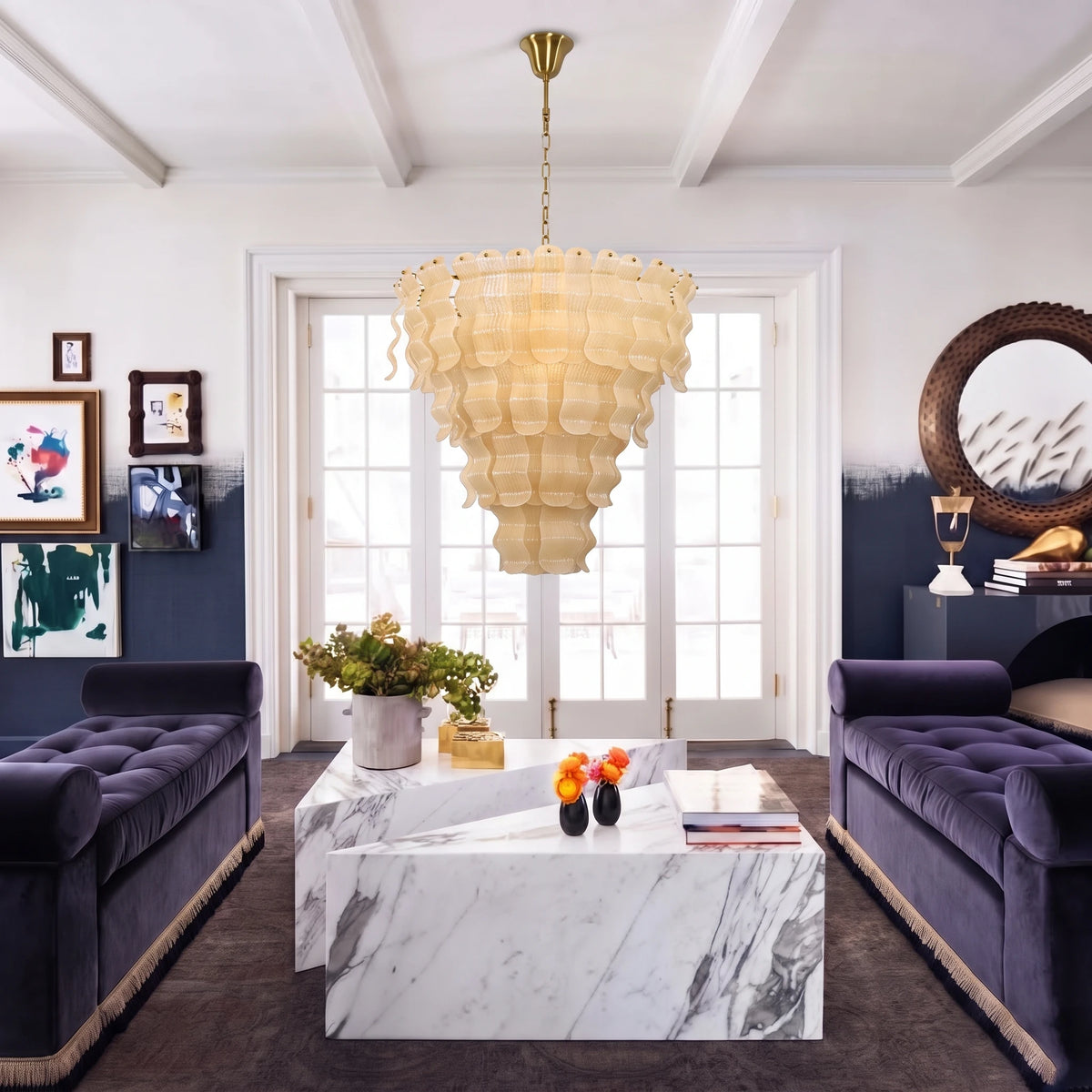 Modern Beige Wavy Art Glass Chandelier in Contemporary Living Room