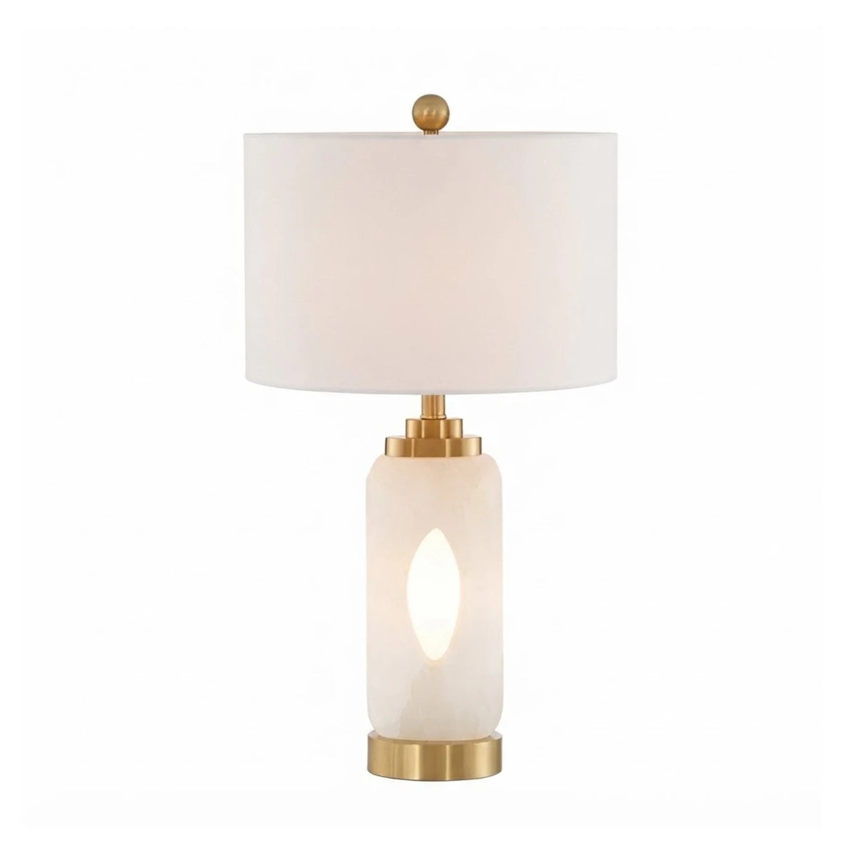 Modern Centrally Hollowed Alabaster Table Lamp with Cylinder Fabric Shade and Brass Accents on Pure White Background