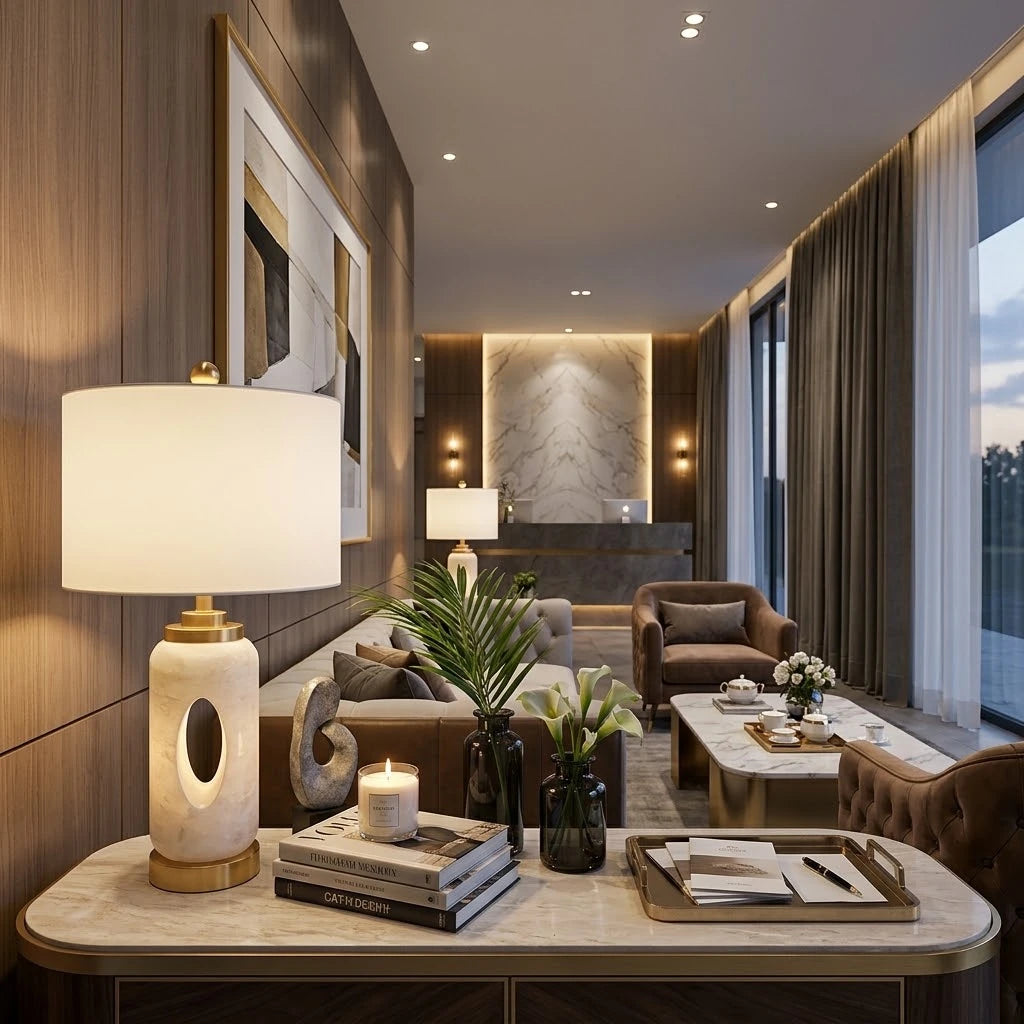 Modern Hollowed Alabaster Table Lamp in Luxury Living Room Setting