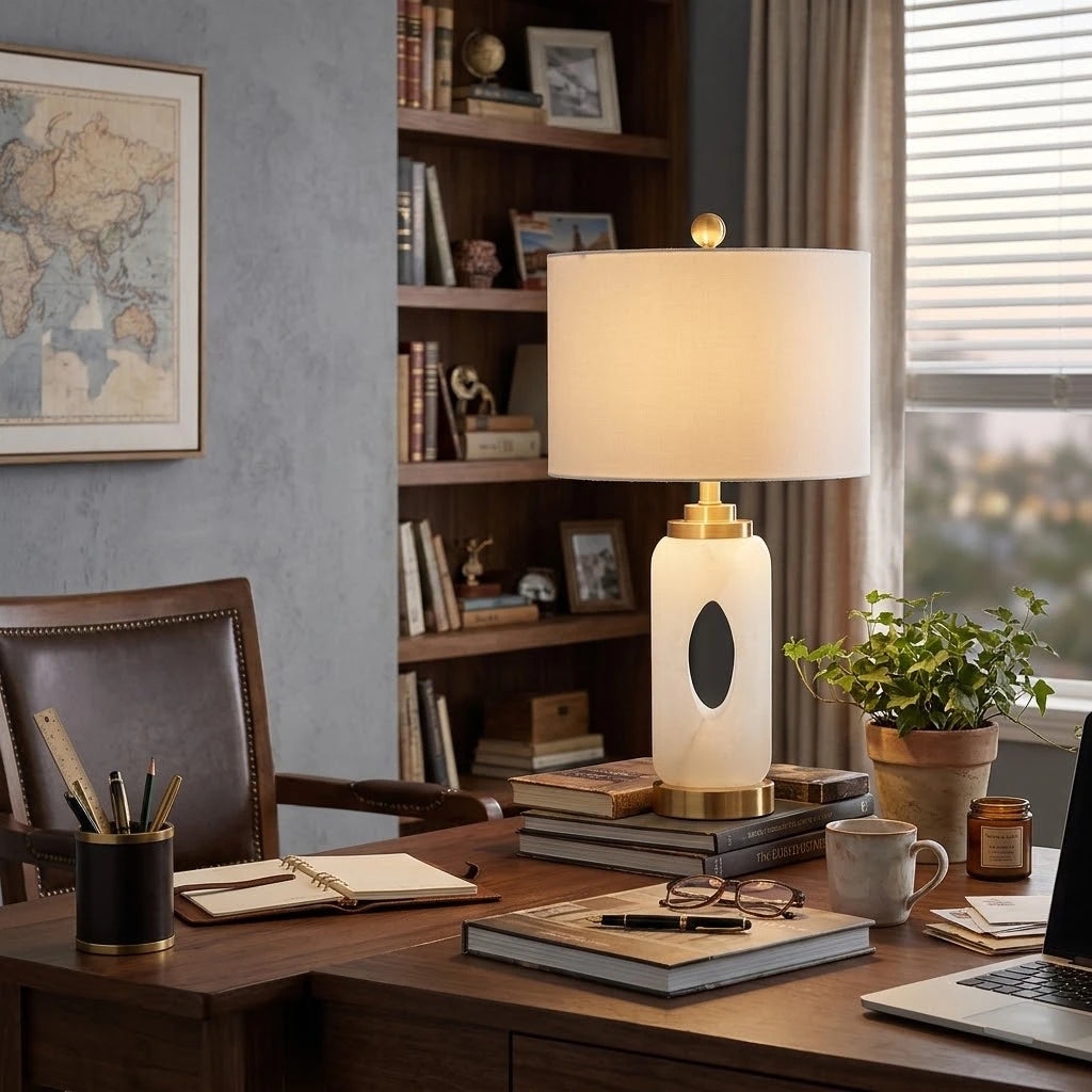 Modern Brass Alabaster Table Lamp in Executive Office Workspace