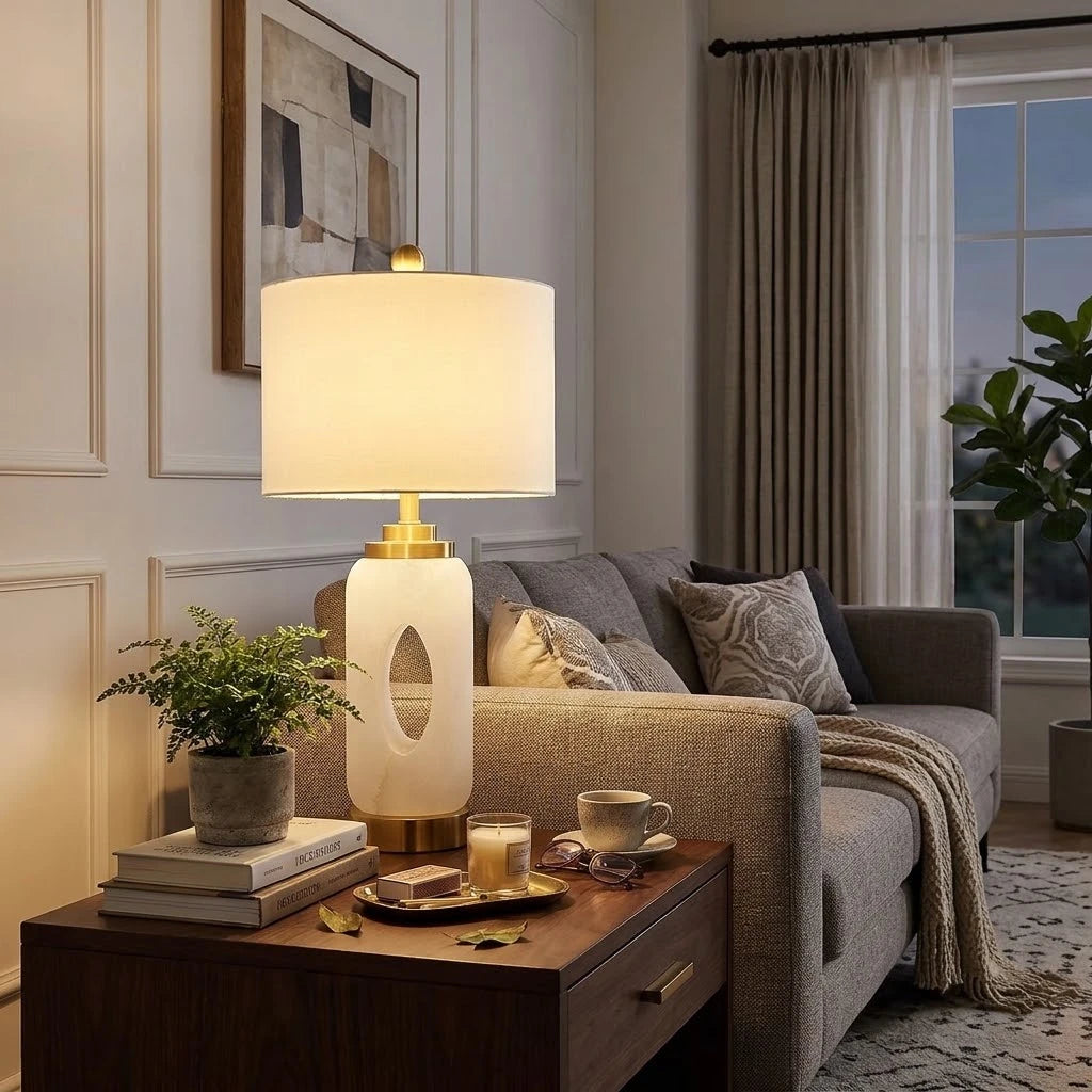 Modern Centrally Hollowed Alabaster Table Lamp in Cozy Living Area