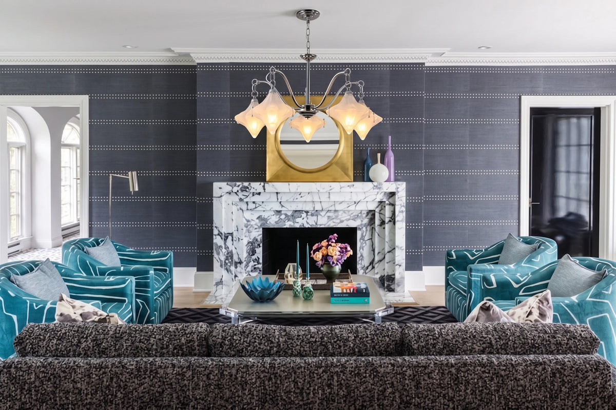Traditional Faceted Glass Chandelier Over Living Room