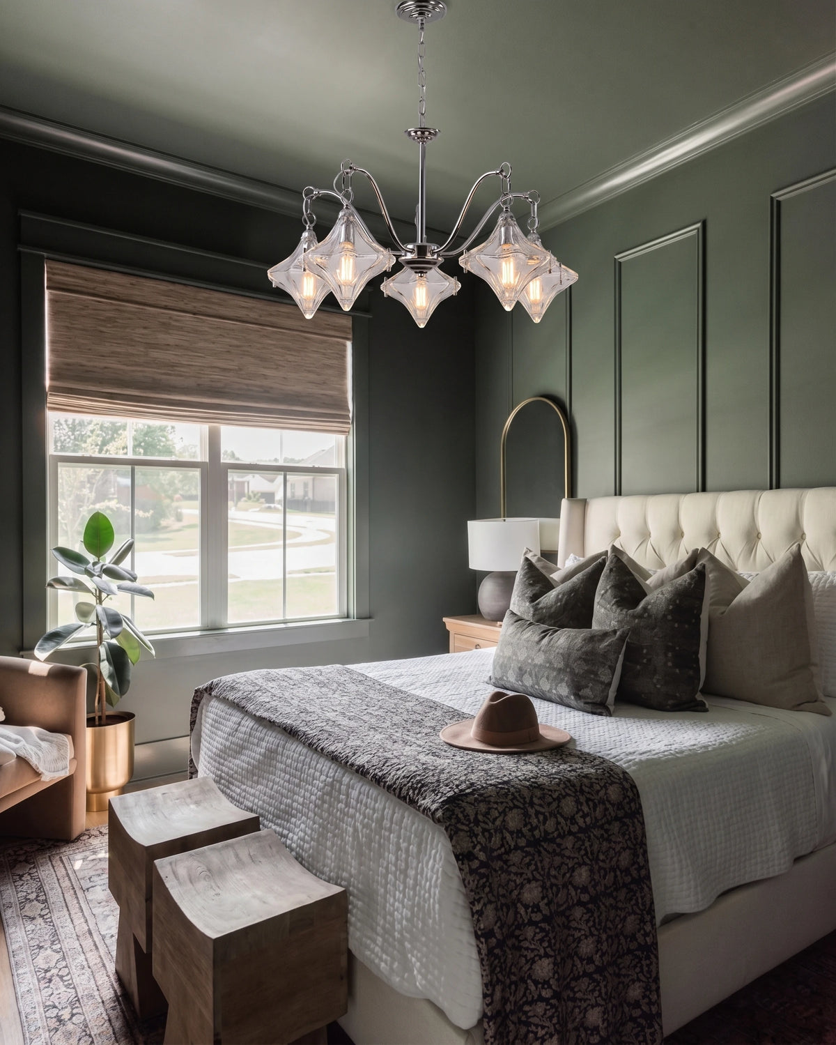 Modern Faceted Glass Chandelier in Master Bedroom Setting