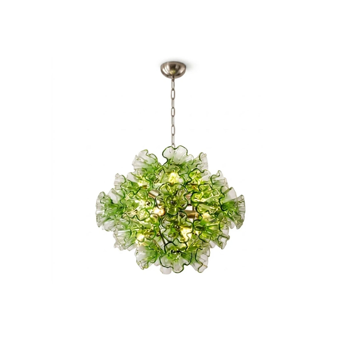 Modern Green and White Petal Art Glass Sphere Chandelier with Silver Canopy on Pure White Background