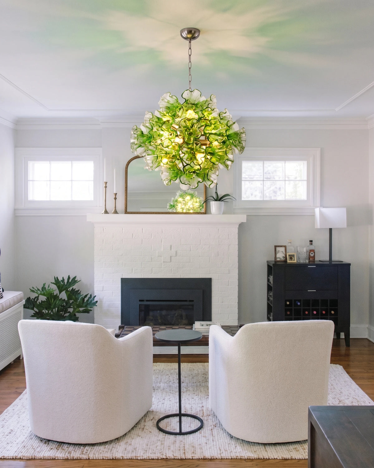 Modern Green Petal Sphere Chandelier in Living Room Setting