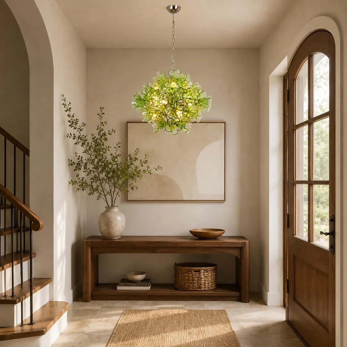 Modern Green Petal Chandelier in Entryway Foyer