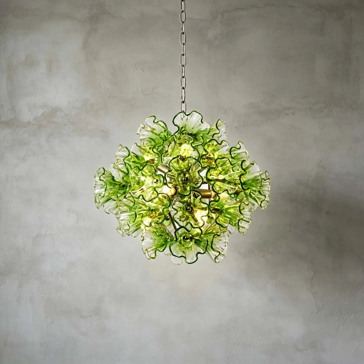 Illuminated Modern Green and White Petal Sphere Chandelier Studio Shot