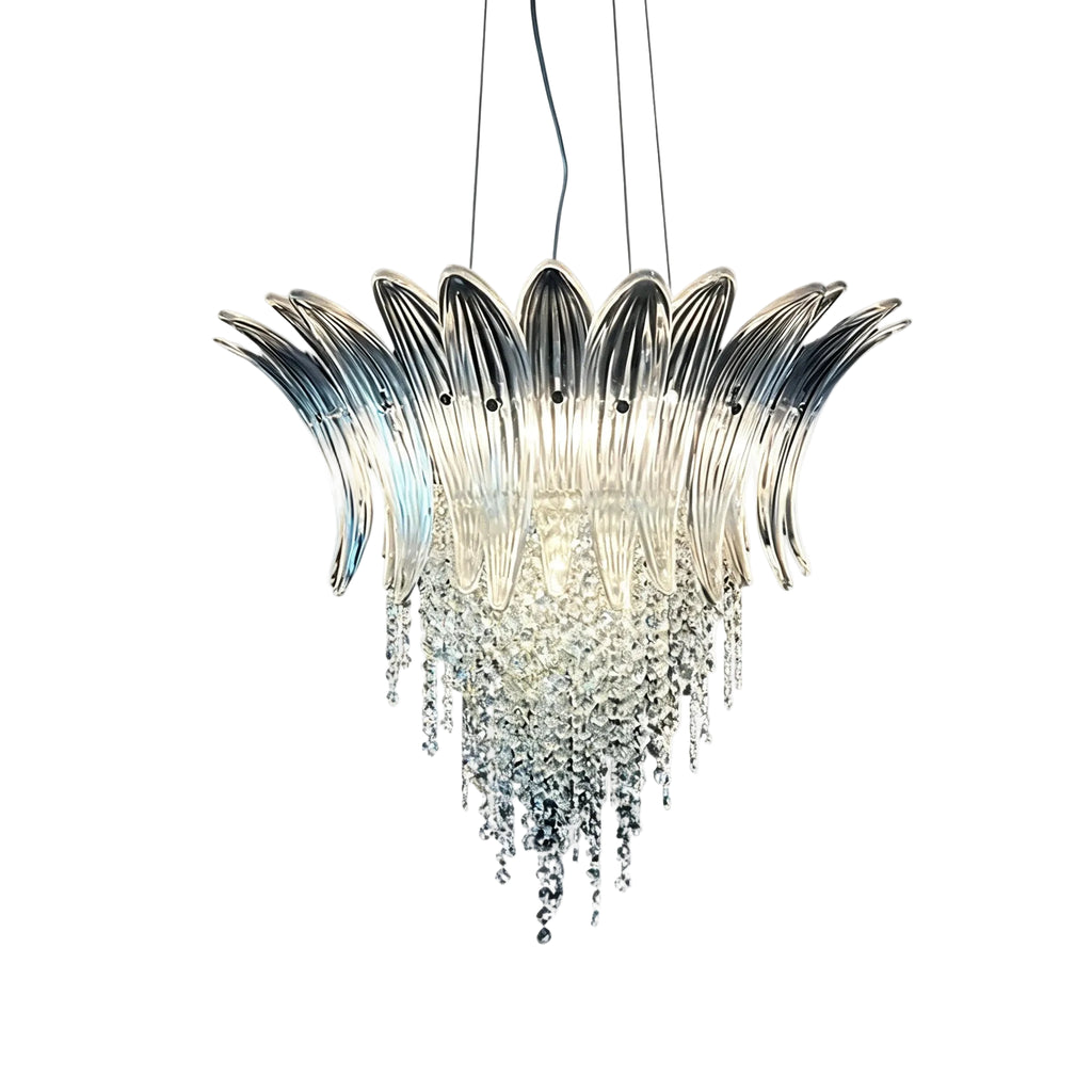 Modern Cascading Blue Gradient Feather Art Glass and Crystal Chandelier on Pure White Background