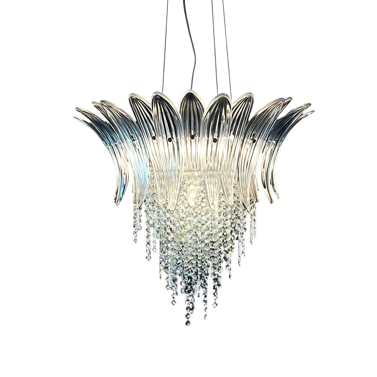 Modern Cascading Blue Gradient Feather Art Glass and Crystal Chandelier on Pure White Background