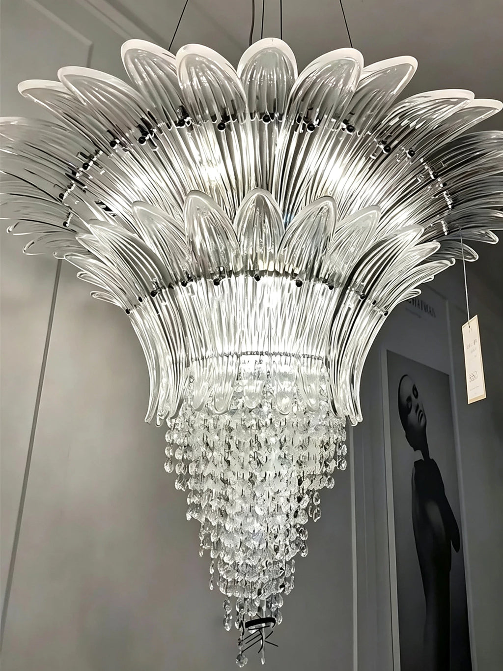 Illuminated Modern Cascading Blue Gradient Feather Art Glass and Crystal Chandelier Studio Shot