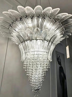 Illuminated Modern Cascading Blue Gradient Feather Art Glass and Crystal Chandelier Studio Shot