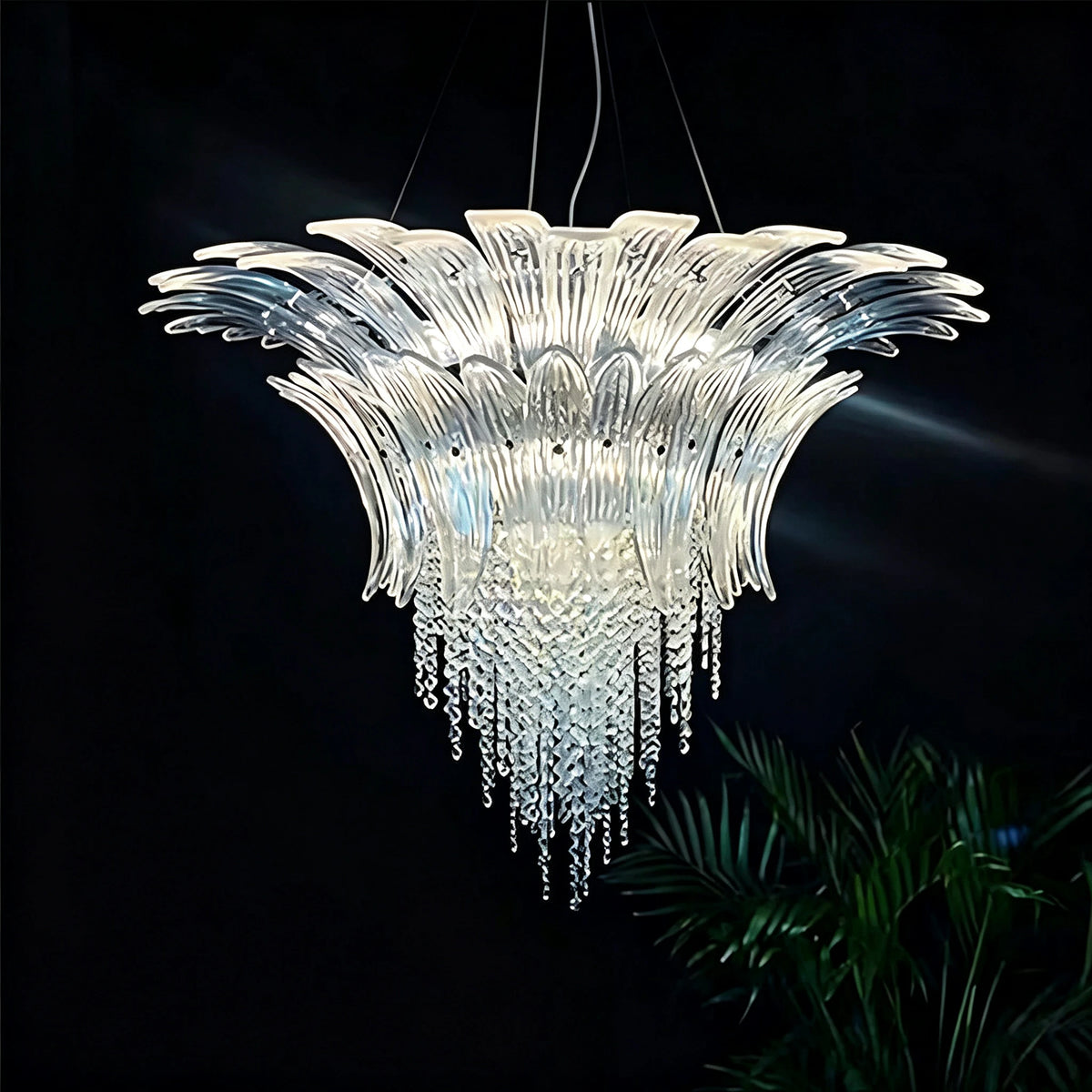 Studio Display of Illuminated Modern Cascading Crystal Chandelier