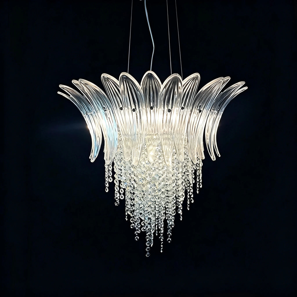 Side View of Illuminated Modern Blue Gradient Feather Art Glass Chandelier