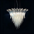 Side View of Illuminated Modern Blue Gradient Feather Art Glass Chandelier