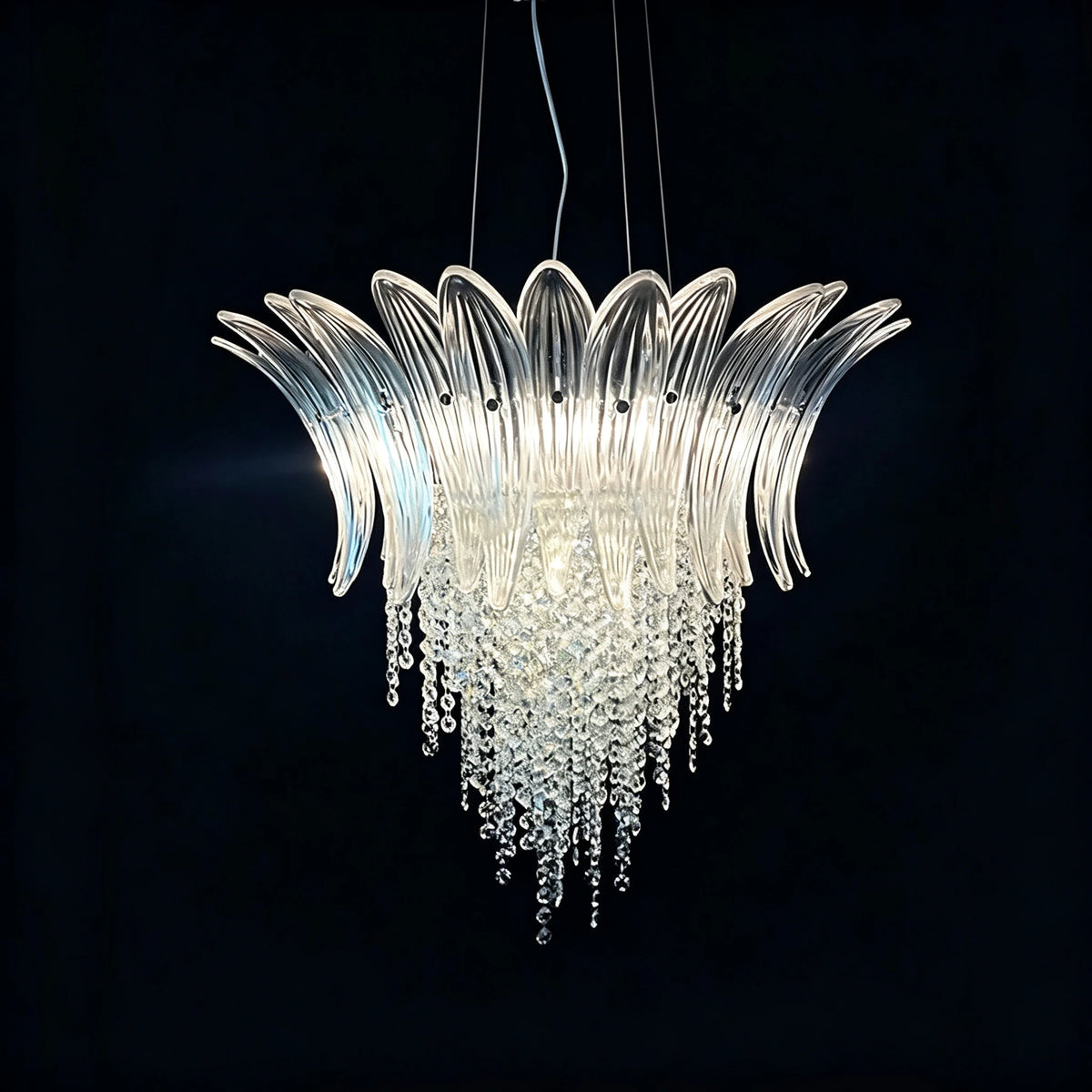 Side View of Illuminated Modern Blue Gradient Feather Art Glass Chandelier