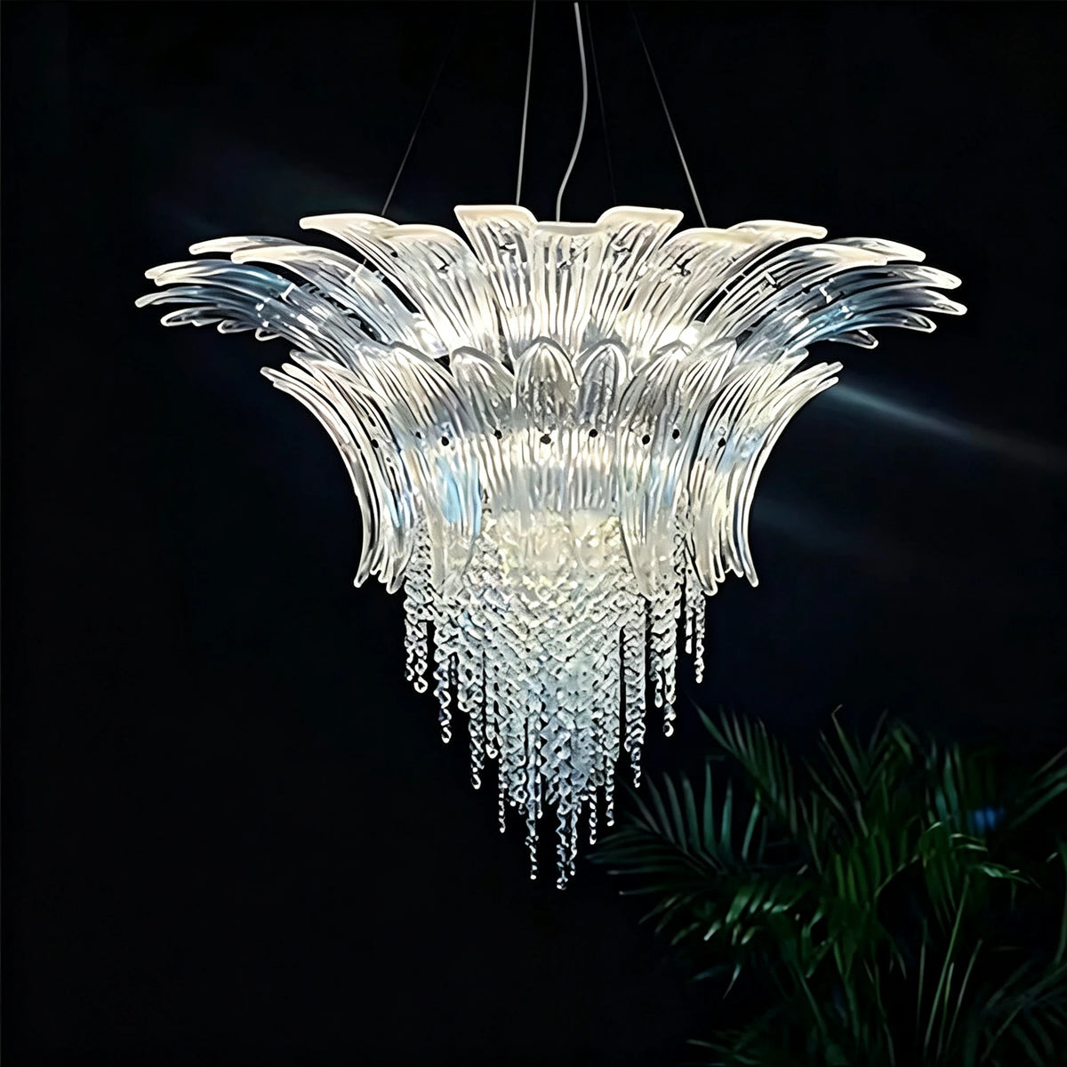 Bottom Up View of Illuminated Modern Blue Gradient Art Glass Chandelier