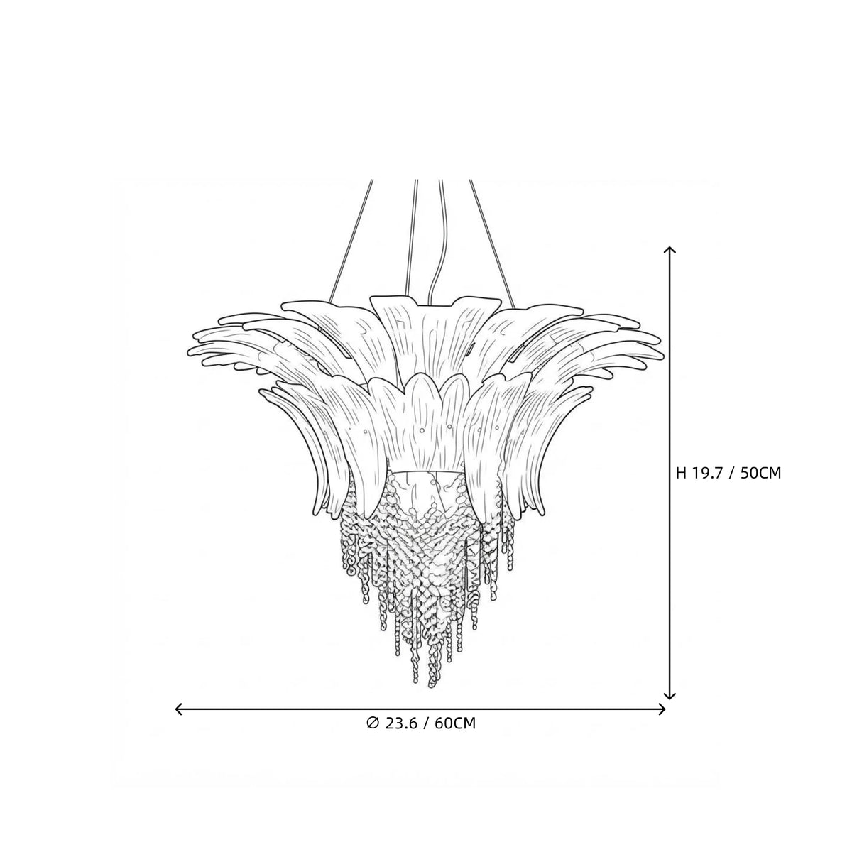 Modern Cascading Blue Gradient Feather Art Glass Chandelier Style A Line Art Dimension Diagram
