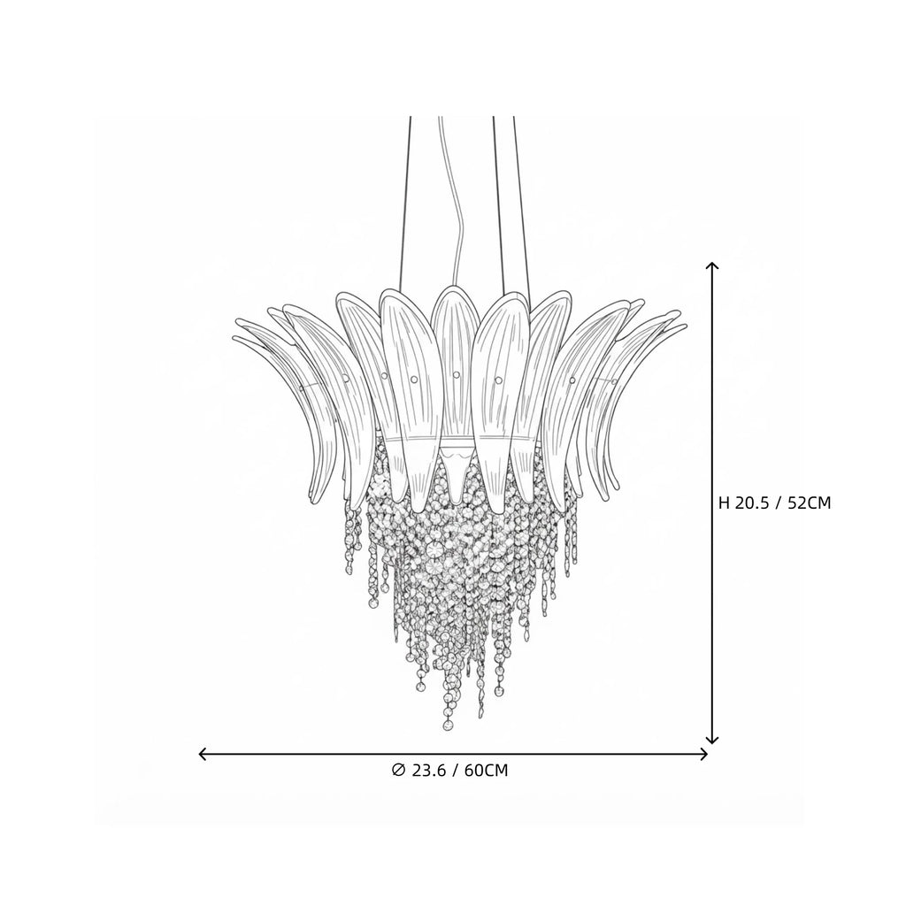 Modern Cascading Blue Gradient Feather Art Glass Chandelier Style B Line Art Dimension Diagram