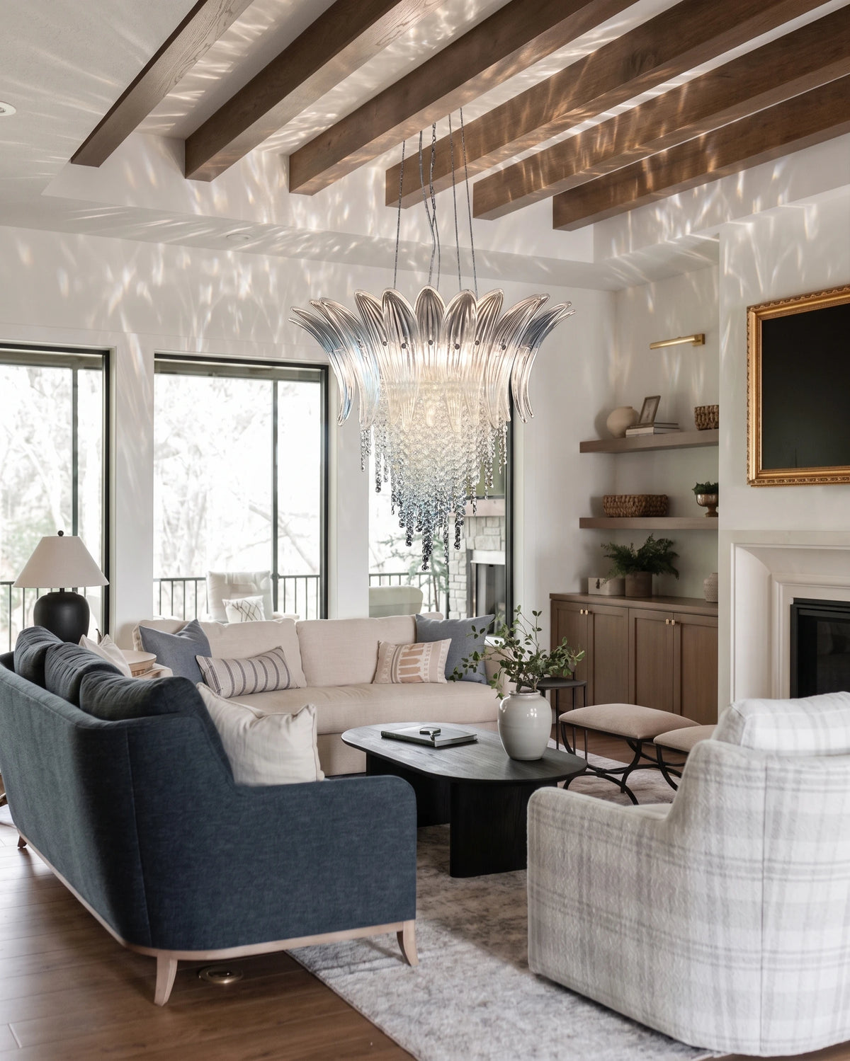 Modern Blue Gradient Feather Art Glass Chandelier in Vaulted Living Room