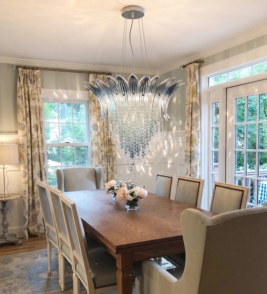 Modern Cascading Art Glass Chandelier Over Dining Room Table
