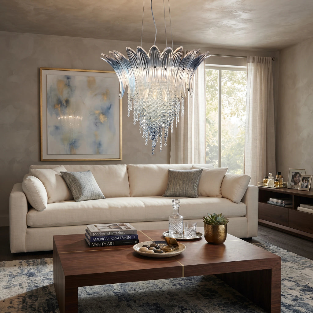 Modern Blue Gradient Art Glass Chandelier in Bright Living Room