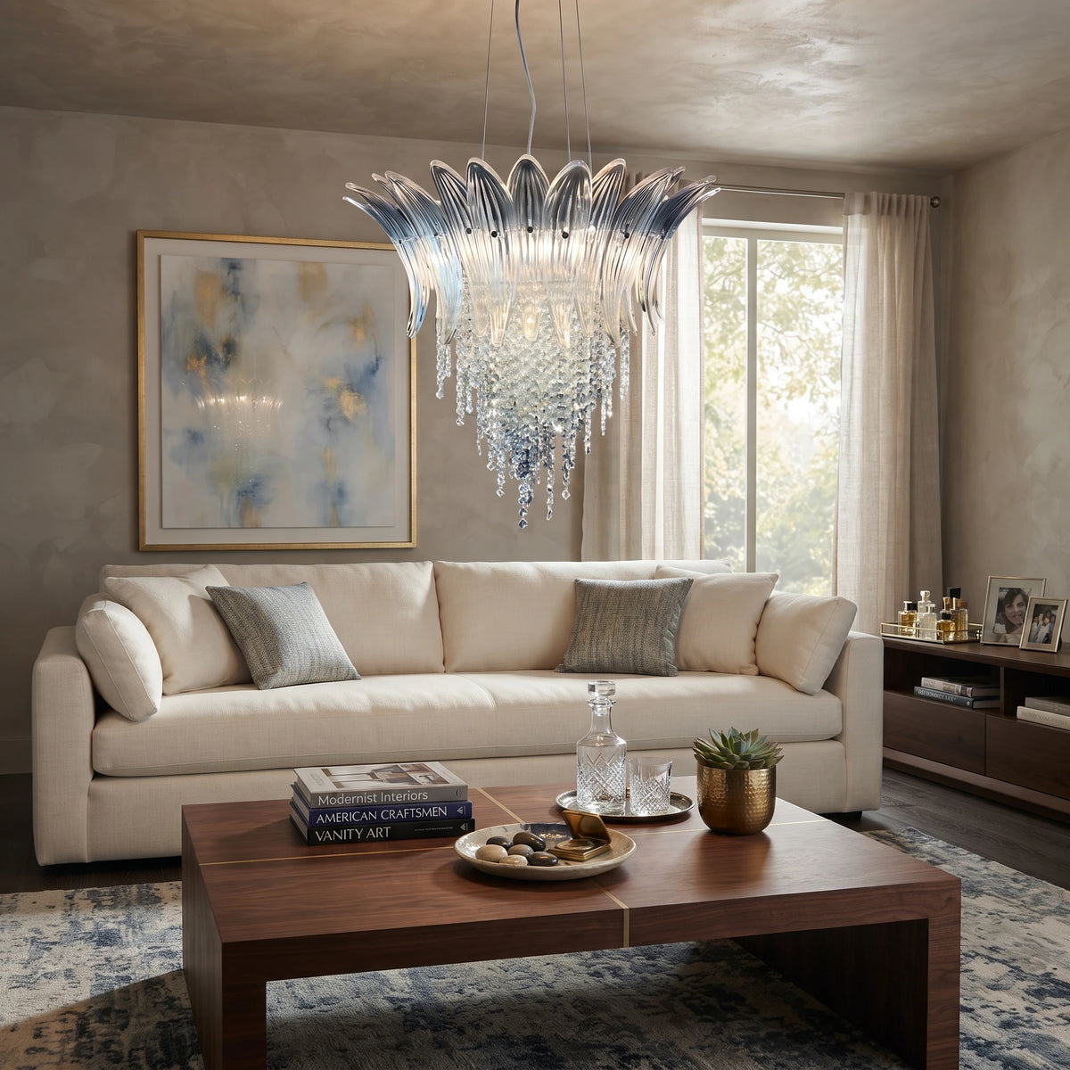 Modern Blue Gradient Art Glass Chandelier in Bright Living Room