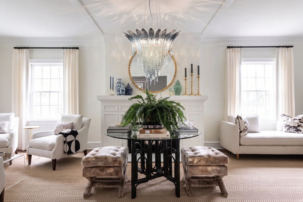 Modern Cascading Feather Art Glass Chandelier in Living Room Interior