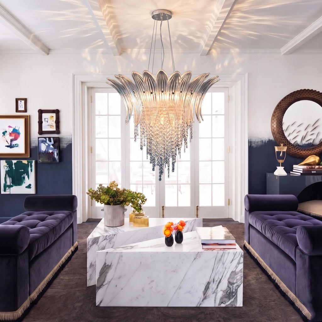 Modern Blue Gradient Feather Art Glass Chandelier in Contemporary Living Room