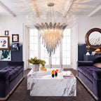 Modern Blue Gradient Feather Art Glass Chandelier in Contemporary Living Room