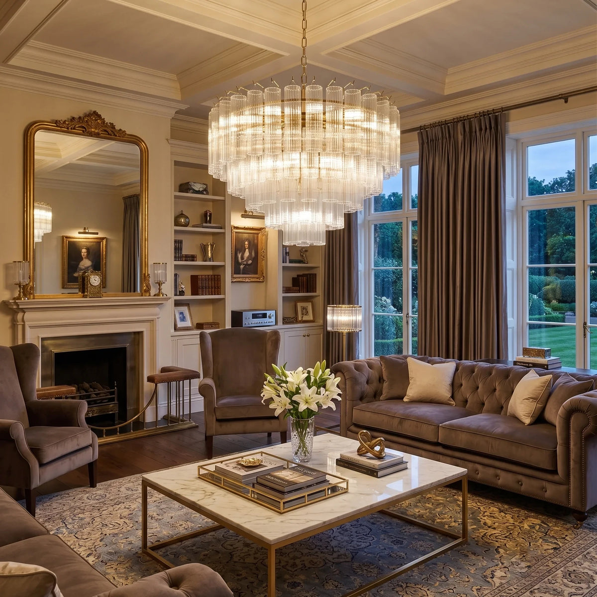 Modern Cascading Art Glass Chandelier in Luxury Living Room