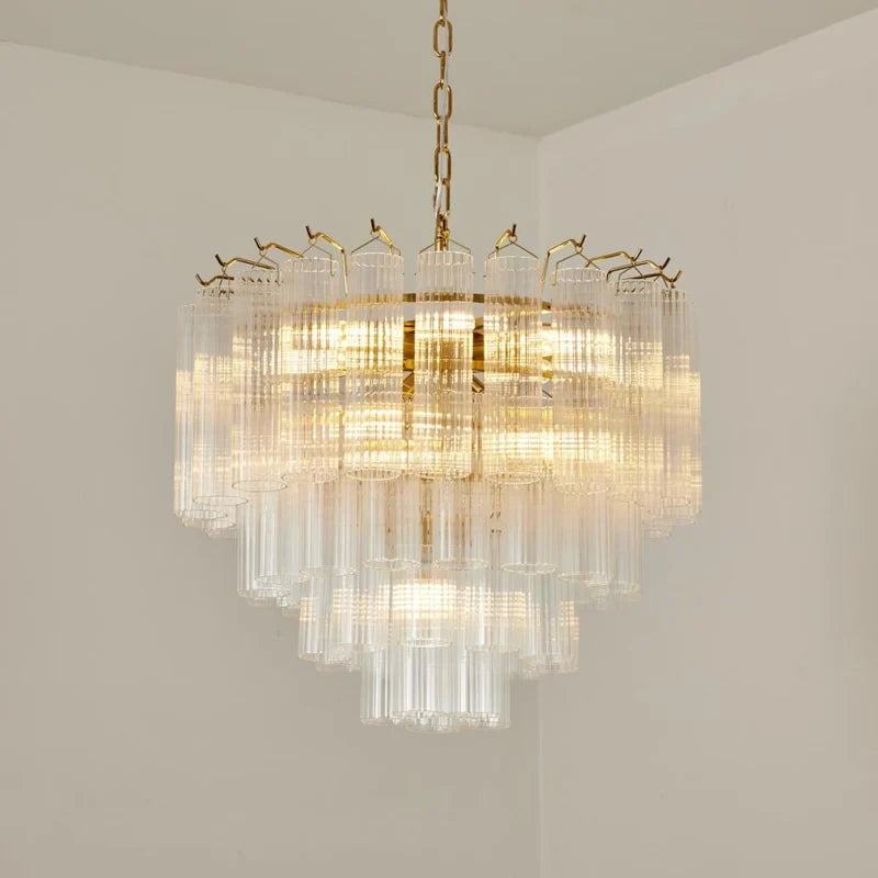 Studio Shot of Illuminated Modern Cascading Art Glass Chandelier